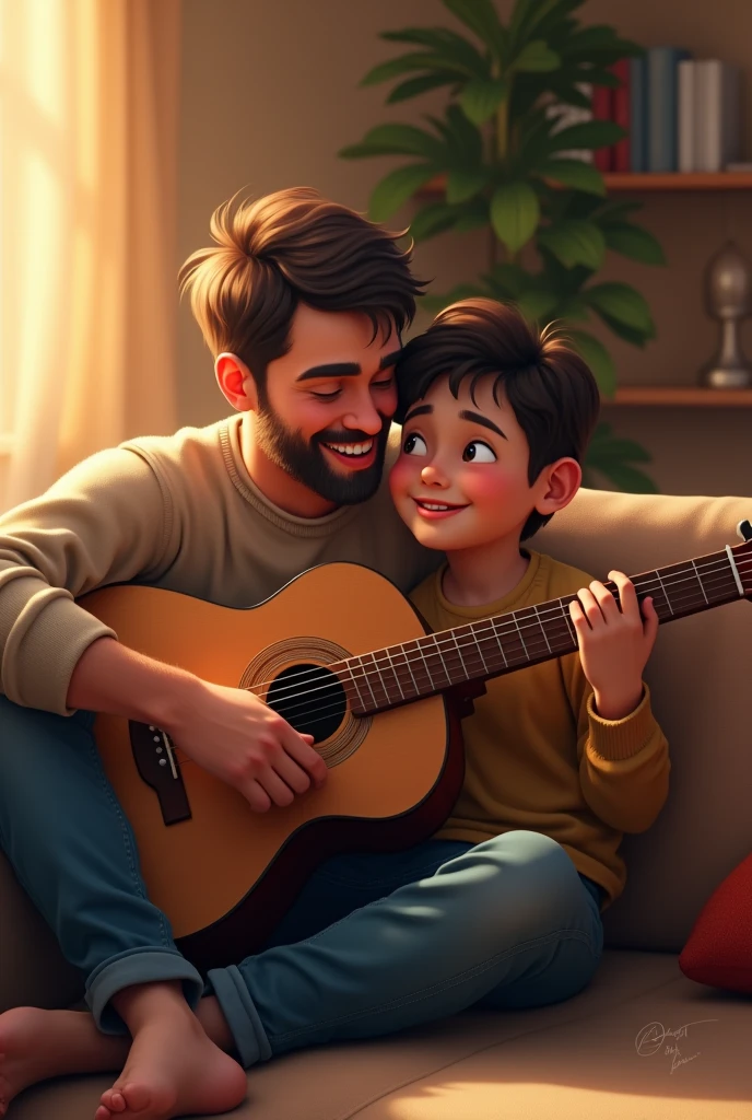 Father and son sitting on the couch with the father playing the guitar