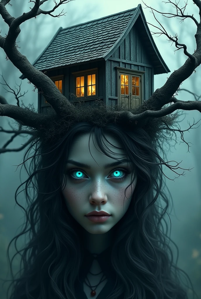 "บ้านสยอง" copilot Ai
ดัดแปลงได้หลายแบบครับ
แจกฟรี! prompt :
A surreal and eerie digital artwork featuring a witch's face with glowing, expressive blue eyes, seamlessly merged with a Gothic-style haunted Thai house. The house, with dark, weathered wood and glowing yellow windows, is perched atop the woman's head. Twisted, leafless tree branches wrap around the house and intertwine with the woman's flowing hair, which spreads out in intricate curls
ขอให้สนุกกับการ เจน ครับ