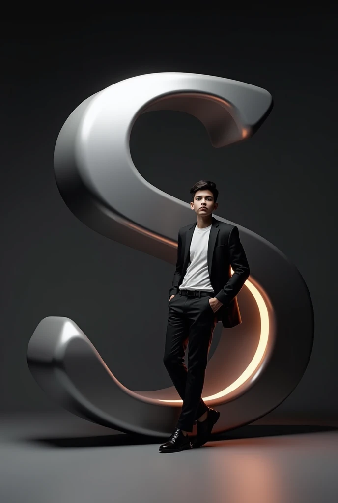 Create an image featuring a large, glossy, “Saqib” 3D letter in the foreground with a boy leaning casually against it. The person should be dressed in stylish, monochromatic clothing and have a confident pose. The background should be a dark gradient to keep the focus on the letter and the person. Ensure that the lighting gives a soft glow to the edges of the 3D letter and casts subtle shadows to add depth to the overall composition.