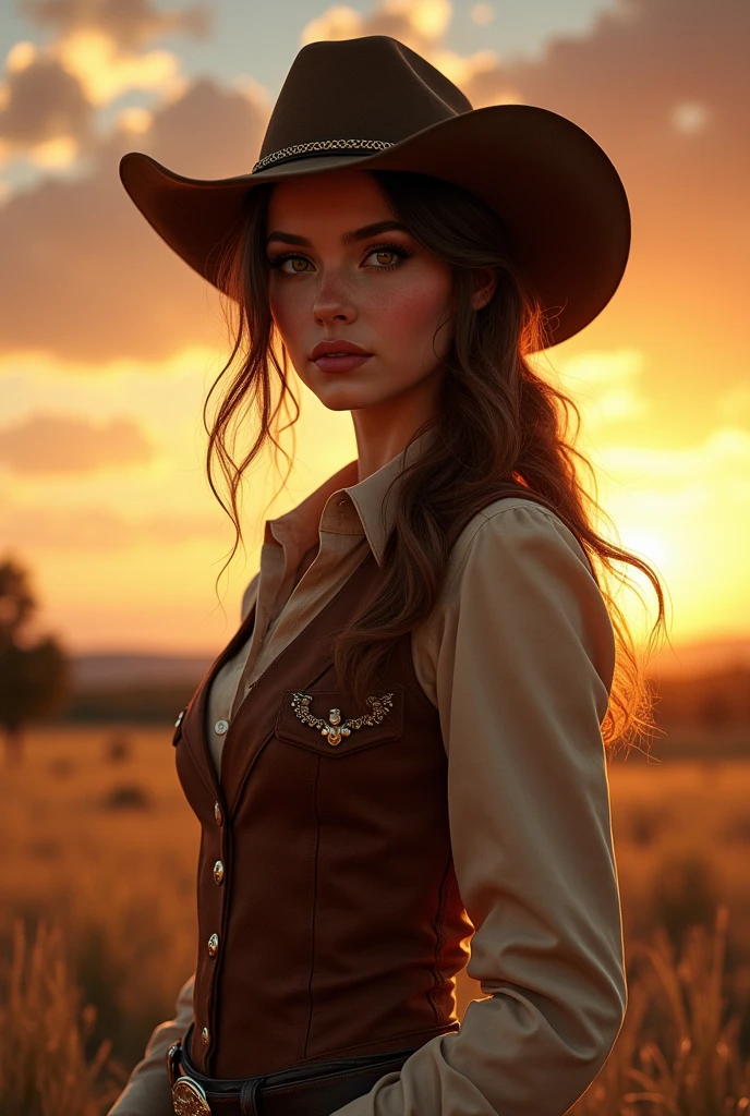 a beautiful cowgirl, detailed face, detailed eyes, long eyelashes, detailed lips, cowgirl hat, cowgirl outfit, western style, on a ranch, sunset landscape, detailed clouds, detailed grass, detailed trees, realistic, photorealistic, highly detailed, 8k, best quality, cinematic lighting, warm color tones, (masterpiece:1.2), (photorealistic:1.37)