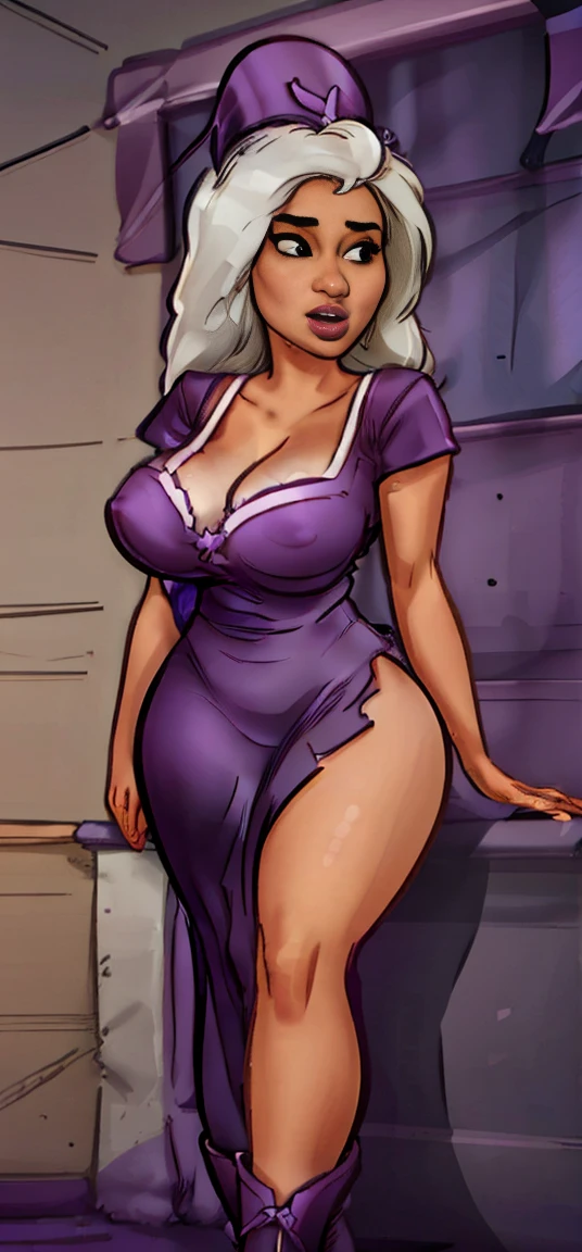 ((large breasted, big haunches)), (much longer elf ears), (mellow), beautfull woman, ((very high height)), long and messy white hair, {purple} large witch hat, {purple} cutout neckline dress, ({purple} pelvic curtain), high-top latex boots, witch, whole body, standing, perfect  detail, excellent detail, Perfect Body Detail, ultra body detail, realist detail, super realist detail, ultra realist detail, highly realist detail, 