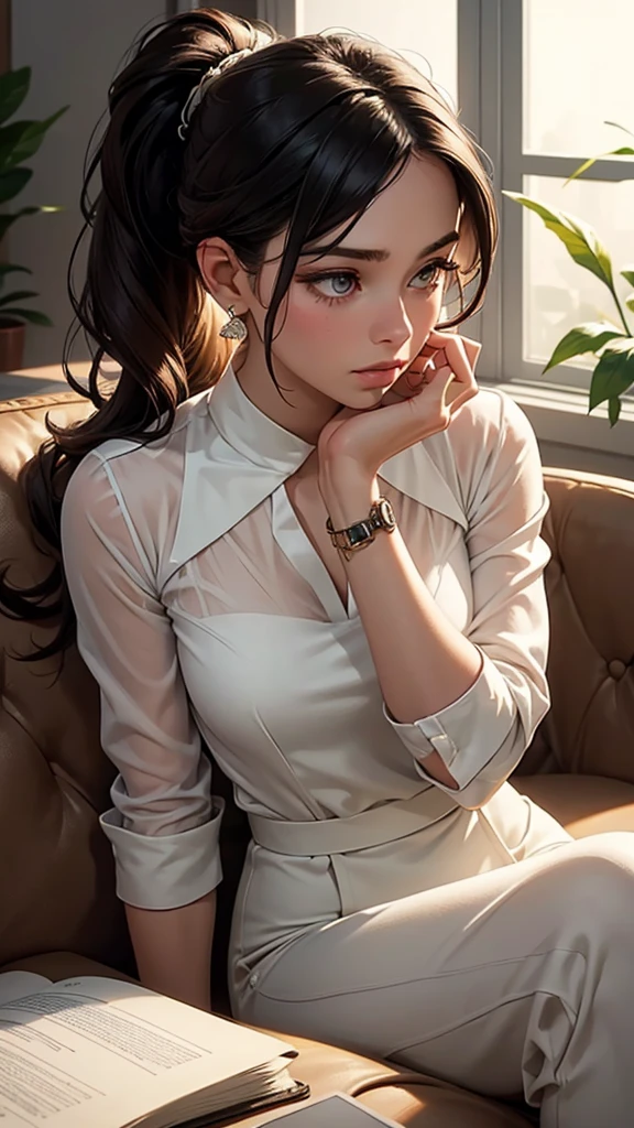 1_girl, solo, Pose: Woman seated or standing with one hand gently resting under her chin, her fingers softly touching her face. Her head can be slightly tilted, emphasizing a thoughtful or reflective mood.Expression: Calm and contemplative, with a soft gaze or slight smile, conveying depth and introspection.Attire: Elegant and refined outfit such as a sleek blouse, a chic dress, or a tailored suit that complements the sophisticated mood.Hair: Styled neatly, whether in an elegant updo, smooth waves, or a sleek ponytail, adding to the poised appearance.Makeup: Subtle and polished, with emphasis on the eyes and lips, enhancing her thoughtful expression.Background: A simple, elegant setting such as a minimalist room, a cozy reading nook, or a softly lit studio backdrop that keeps the focus on the subject.Lighting: Soft, diffused lighting that creates gentle shadows, highlighting the contours of her face and the hand-on-chin pose.Accessories: Minimal and delicate, such as a simple bracelet, a pair of small earrings, or a watch that adds a touch of refinement.Props: Optional, such as a book, a journal, or a cup of tea, enhancing the introspective mood.Mood: Reflective, poised, and elegant.