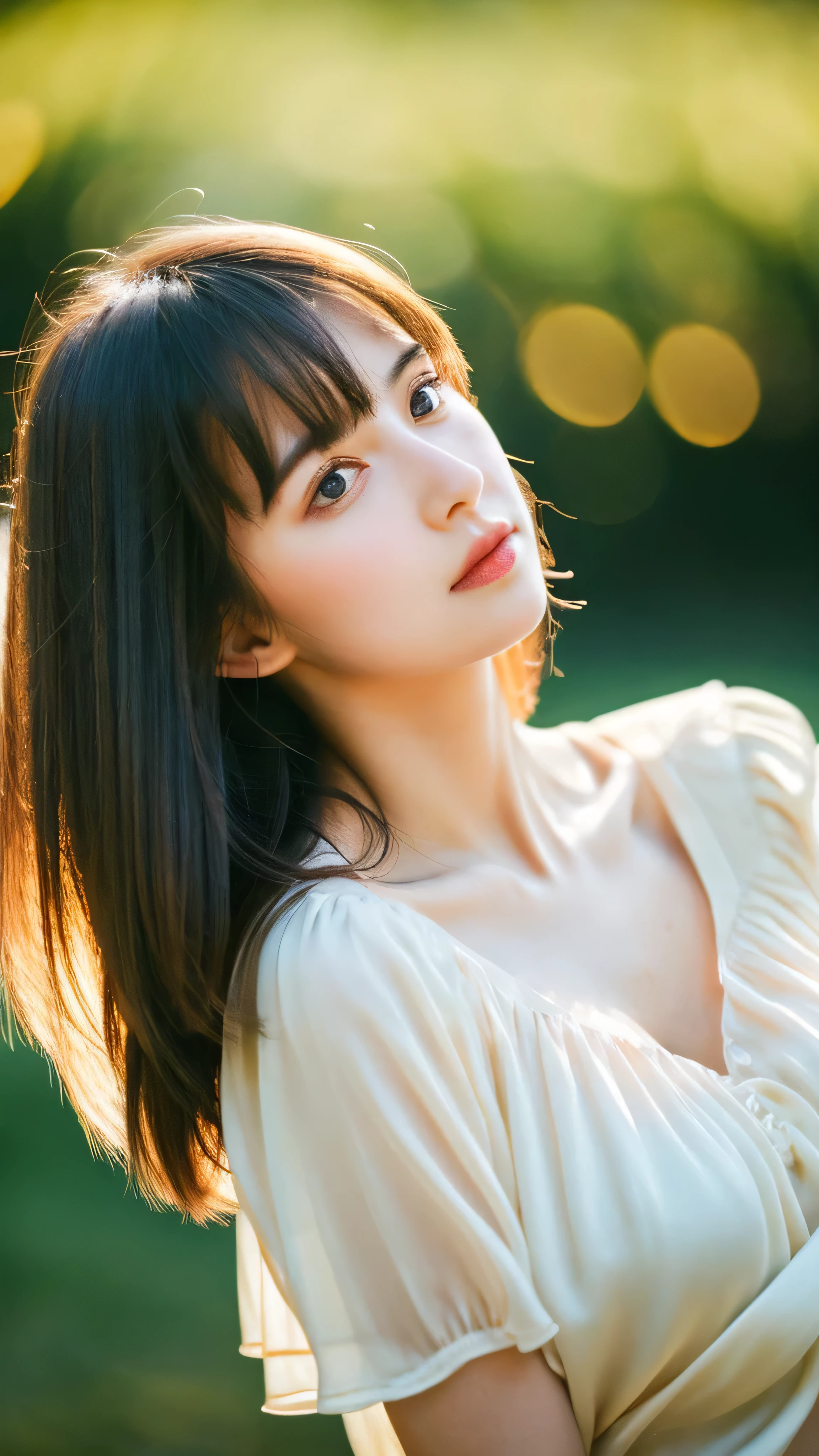 (Random Nationality):1.5, masterpiece, Highest quality, 8k, 20th Generation, (Large Breasts:1.2), cute, alone, sad, close, cute, Girlish, Delicate girl, Pure beauty, RAW Photos, Professional photography, Portraiture, Soft Light, Professional Lighting, Backlight, Upper Body, avert your eyes, Sophisticated, Film Grain, (Eyes and facial details:1.0), Beautiful straight hair, Hair swaying in the wind, Silk blouse, Random hairstyle