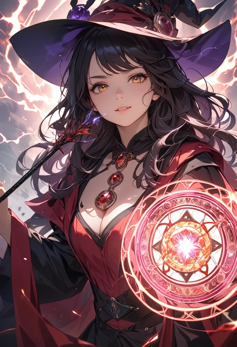 (masterpiece:1.5),(Beat quality),(high res),1girl solo,beautiful face,smileupper body,Witch woman with a wand,inflammation,thunder,Red Magic Array,Yellow magic circle