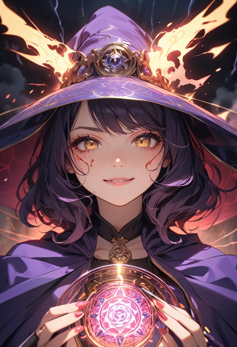 (masterpiece:1.5),(Beat quality),(high res),1girl solo,beautiful face,smileupper body,Witch woman with a wand,inflammation,thunder,Red Magic Array,Yellow magic circle
