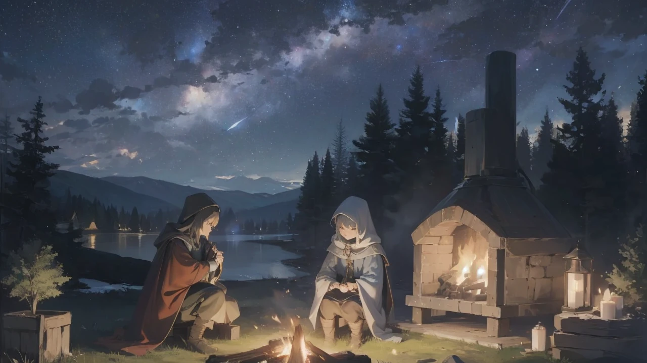 in a medieval cloak sits by the fire, night, coniferous forest, Sitting on a log, beautiful sky, pot on fire, high-quality frame covering the whole picture, side view, starry sky