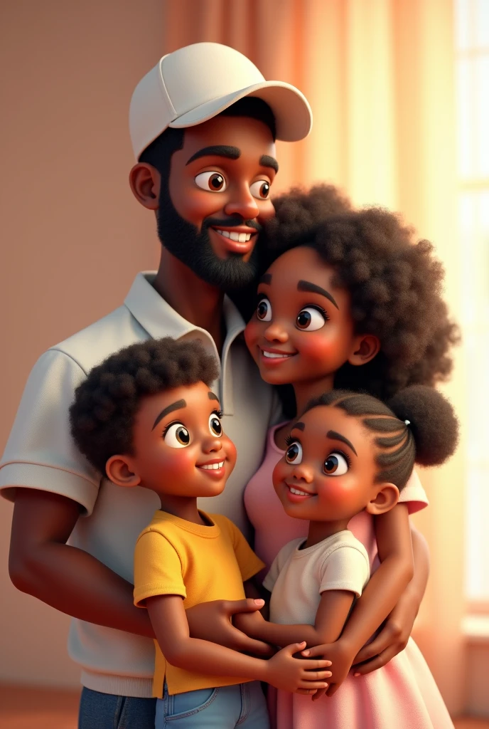 Black father in white cap, sem beard, with 3 children. 1 light brown boy, clear eyes, 1 light brown daughter, de cabelos cacheados e 1 bebê branca de clear eyes em formato Disney pixer 3d
