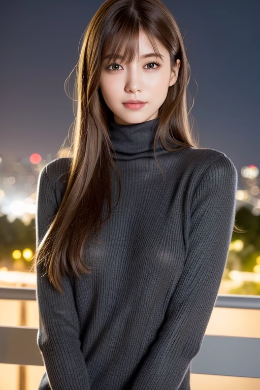 one 19 year old girl, (Dark gray turtleneck thin sweater), Raw photo, highest quality, photorealistic, very delicate and beautiful, very detailed, 8K wallpaper, High resolution, soft light, very detailed目と顔, beautifully detailed nose, detailed and beautiful eyes, cinematic lighting, night city lights, perfect anatomy, slender body, well-shaped chest, straight hair, smile, asymmetrical bangs, light brown hair