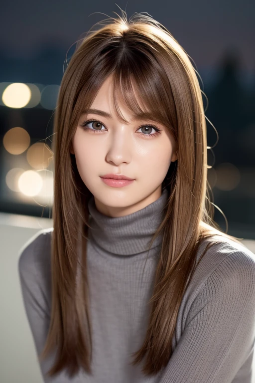 one 19 year old girl, (Dark gray turtleneck thin sweater), Raw photo, highest quality, photorealistic, very delicate and beautiful, very detailed, 8K wallpaper, High resolution, soft light, very detailed目と顔, beautifully detailed nose, detailed and beautiful eyes, cinematic lighting, night city lights, perfect anatomy, slender body, well-shaped chest, straight hair, smile, asymmetrical bangs, light brown hair