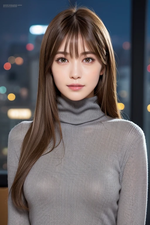 one 19 year old girl, (Dark gray turtleneck thin sweater), Raw photo, highest quality, photorealistic, very delicate and beautiful, very detailed, 8K wallpaper, High resolution, soft light, very detailed目と顔, beautifully detailed nose, detailed and beautiful eyes, cinematic lighting, night city lights, perfect anatomy, slender body, well-shaped chest, straight hair, smile, asymmetrical bangs, light brown hair