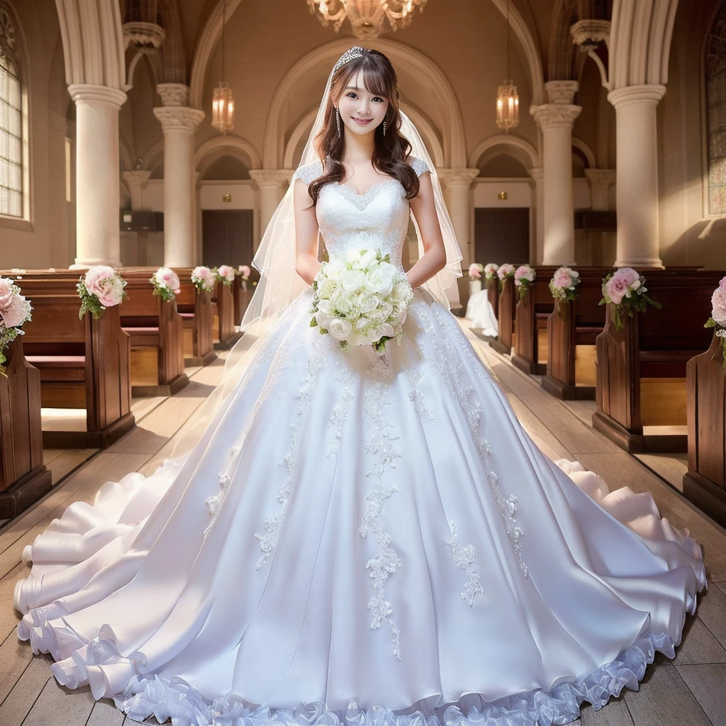 Photo-realistic quality、a woman in a Wedding dress holding a bouquet of flowers、20 year old Japanese model、白のWedding dress,Hanae Mori style wedding dress、Japan idols at 20 years old、lace prom dresses、looking at the camera、Detailed and beautiful eyes、Cute smile、Relaxed and gentle expression、a close up of a woman in a Wedding dress holding a bouquet, Wedding dress, So magical and dreamy