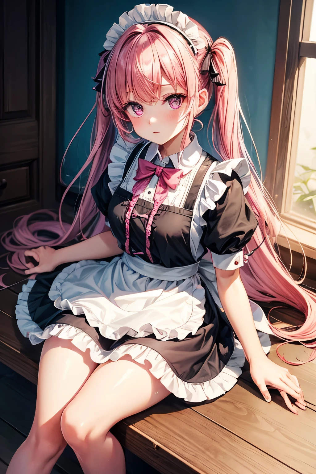 1 girl, apron, bow, cube hair accessories, skirt, trim, gloom (Express), hair accessories, Heart, Heart hands, long hair, look away, maid, maid apron, maid headskirt, mary jane shoes, one side up, Pink hair, Shadow face, shoe, short skirt, alone, sweat beads, High Leg Raise, white High Leg Raise, Absolute opportunity, Pink eyes