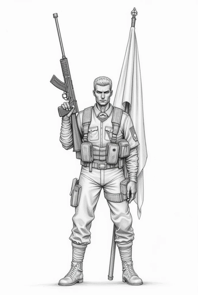 A soldier standing holding his gun in one hand a flag in other hand. Pencil sketch
