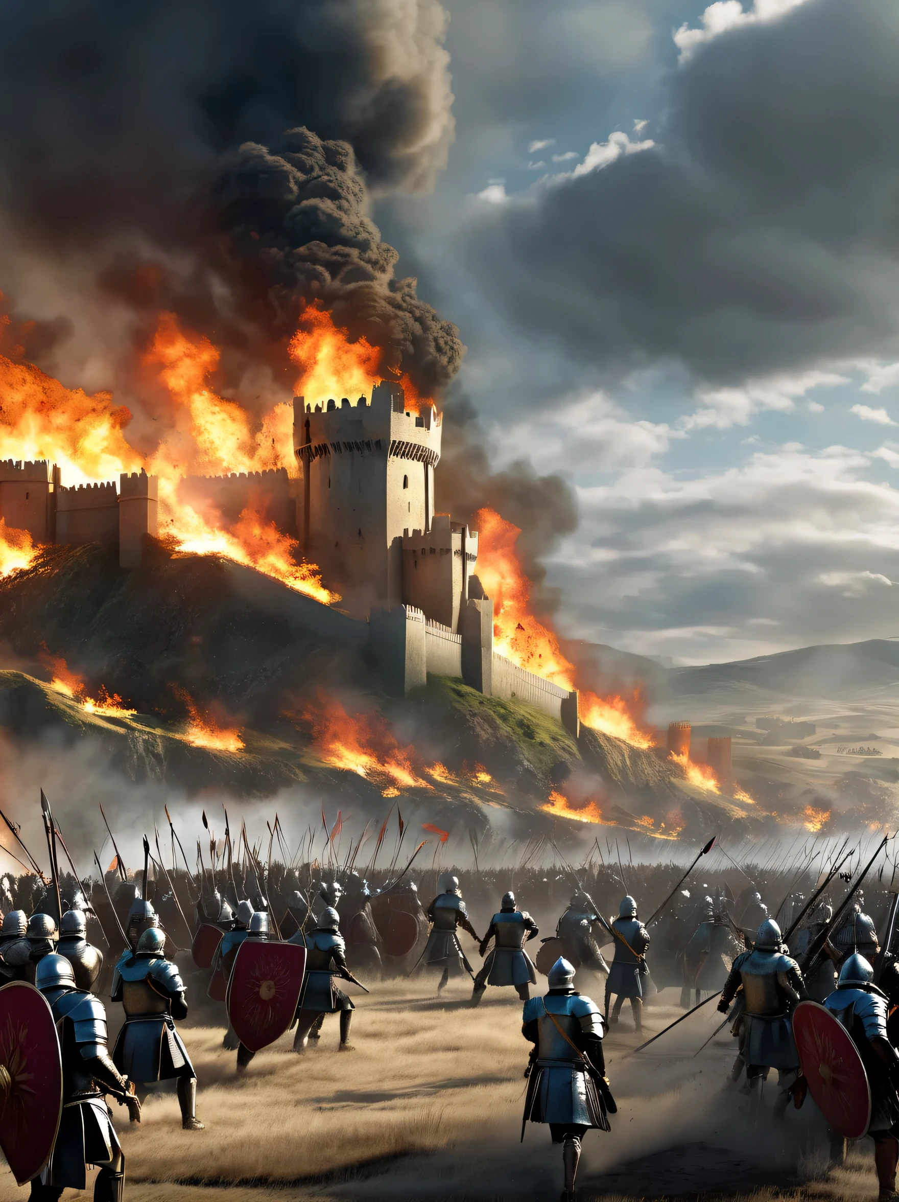 Tips for generating high-quality images of epic battle scenes from TV series "game of Thrones" will:
"epic battle scene, Medieval warrior fights war dragon, Armored knights fighting with swords, Archer shoots arrows, Burning battlefield, crumbling castle walls, dramatic lighting, smoke and fire, best quality, 4K resolution, Super detailed, actual:1.37, high dynamic range, bright colors, professional, concept art, Moody tones, unforgettable atmosphere, epic score"