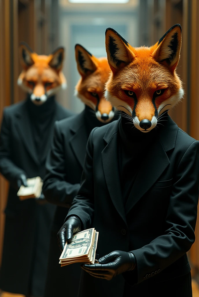 3 famme qui porte un masque entier de renard qui fon un braquage dans une banque et elle trouve le coffre ouvert avec dedans bauecou agen donc elle renpli les sacs de voyage
