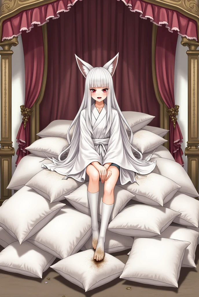 1 girl,dirty,foot,Outsole,Red Eyes,breast,solitary,Long hair,White hair,,foot,Foot focus,Looking at the audience,sit,Sweat,open mouth,dirty foot,Keep,indoor,Pillow,bangs,White knee socks,Fox ears,There'Foot of dirt,White clothes,kimono,Japanese style,dirtyPillow,dirty floor,The girl is surrounded by Pillow,Girl Trampling 2 with Pillow,A lot of Pillow,Dirty on Pillow,,(Deluxe Rococo Canopy King Bed),On a big and spacious bed,(),,,,Luxurious curtains with ornate ruffles and ribbons surround the bed,((((There are many pillows piled on the bed)))),Detail of Quilt,Detailed bed sheets,Girl Steps on Pillow