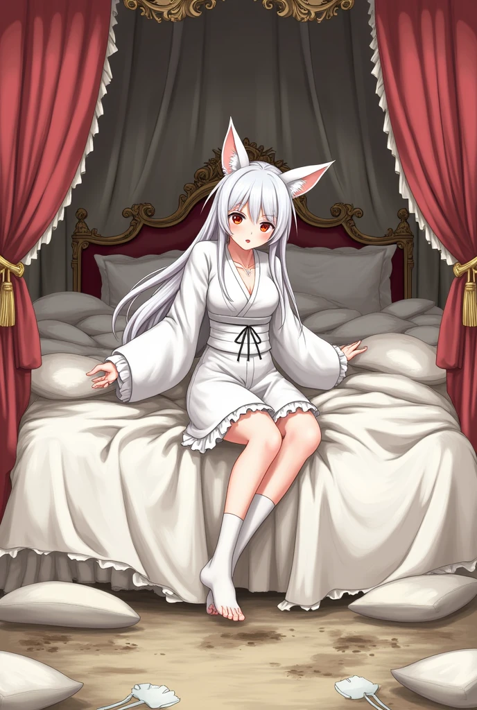 1 girl,dirty,foot,Outsole,Red Eyes,breast,solitary,Long hair,White hair,,foot,Foot focus,Looking at the audience,sit,Sweat,open mouth,dirty foot,Keep,indoor,Pillow,bangs,White knee socks,Fox ears,There'Foot of dirt,White clothes,kimono,Japanese style,dirtyPillow,dirty floor,The girl is surrounded by Pillow,Girl Trampling 2 with Pillow,A lot of Pillow,Dirty on Pillow,,(Deluxe Rococo Canopy King Bed),On a big and spacious bed,(),,,,Luxurious curtains with ornate ruffles and ribbons surround the bed,((((There are many pillows piled on the bed)))),Detail of Quilt,Detailed bed sheets,Girl Steps on Pillow