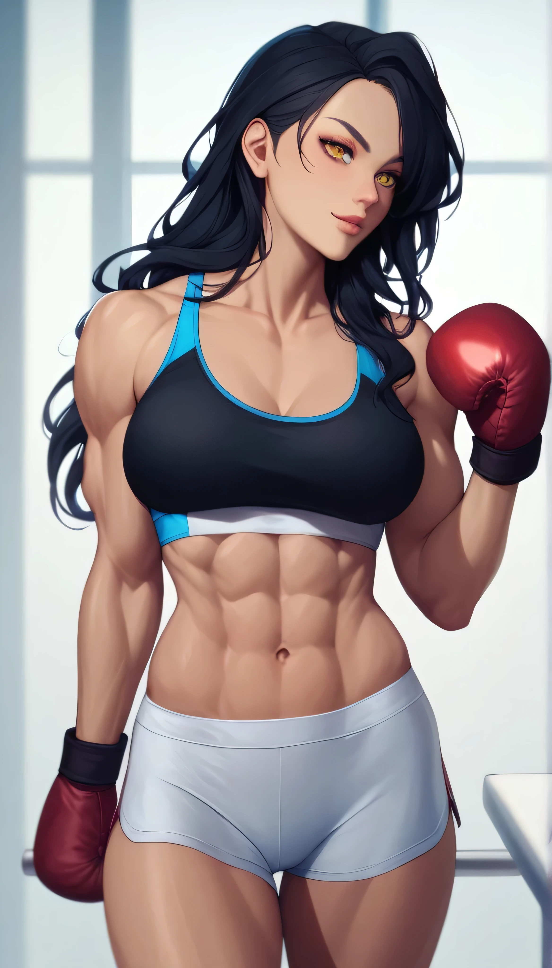 black hair,masterpiece,best quality,highres,ultra-detailed,aashizue,yellow eyes,long hair,(sports bra:1.2), boxing gloves,toned, muscular,(sleeveless:1.4),cowboy shot,