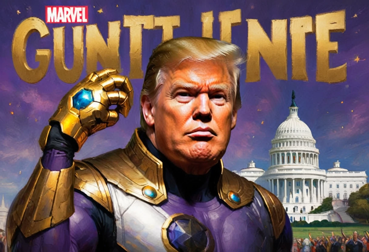 Donald Trump (bandage on right ear) in a triumphant pose, He is portraying villain Thanos, wearing the Infinity gauntlet, white house in background. text 'I AM INEVITABLE' written in big letters along the right side of the screen
