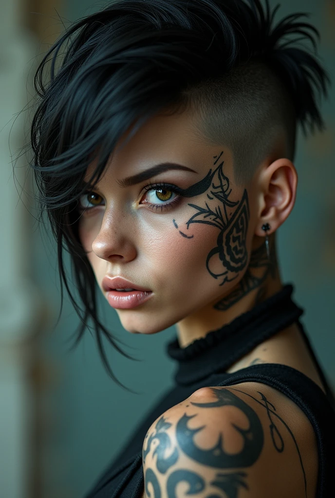 Short haired woman with tattoos on face and neck with wolfcut haircut 