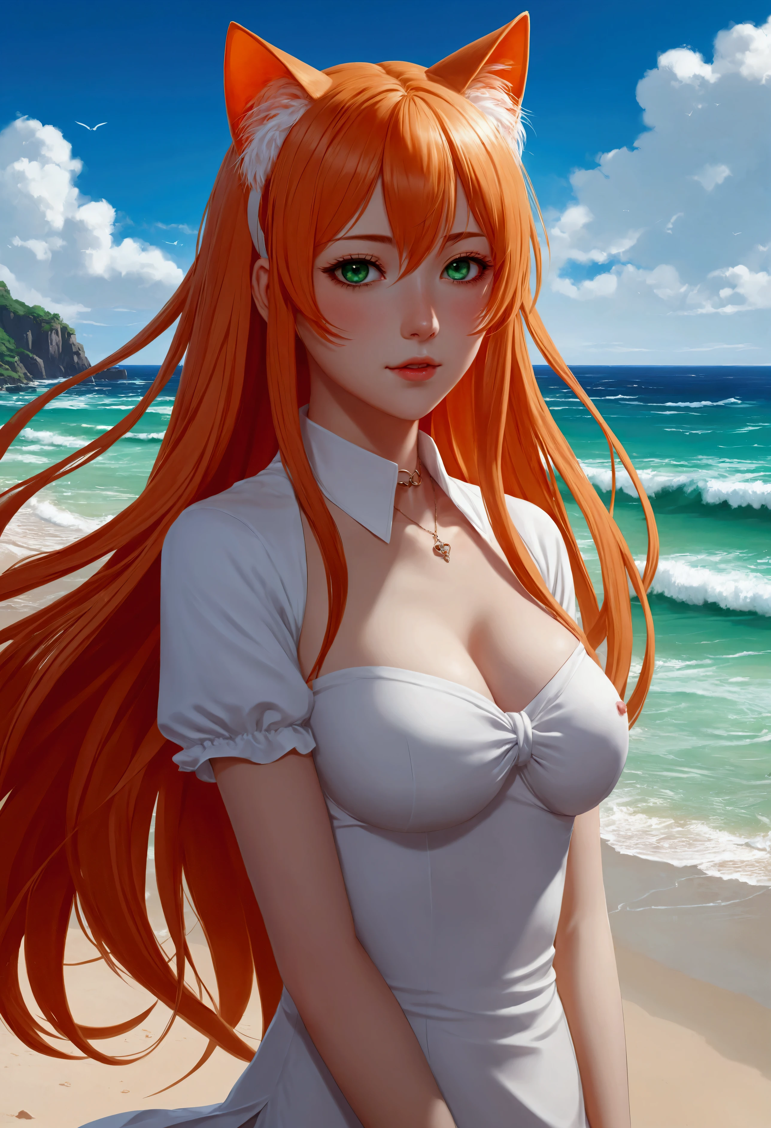 anime girl with long orange hair standing on beach near ocean, green eyes detailed digital anime art, cat ears, , anime girl with long hair, smooth anime cg art, anime girl with long hair, average breast size, digital anime art, artwork in the style of guweiz, beautiful anime portrait, photorealistic anime girl render, beautiful anime girl, advanced digital anime art, pantyhose, guweiz on artstation pixiv upscale HD UHD HQ
