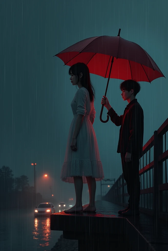 Beutiful sad girl is Standing on the Bridge ledge. On her back side ther is a boy. Add red and white colour. Raining. Boy has a umbrella in his hand. Girl is wearing white dress which is wet because of rain. Both boy and girl are around 19 year old. Night time. For novel cover. 