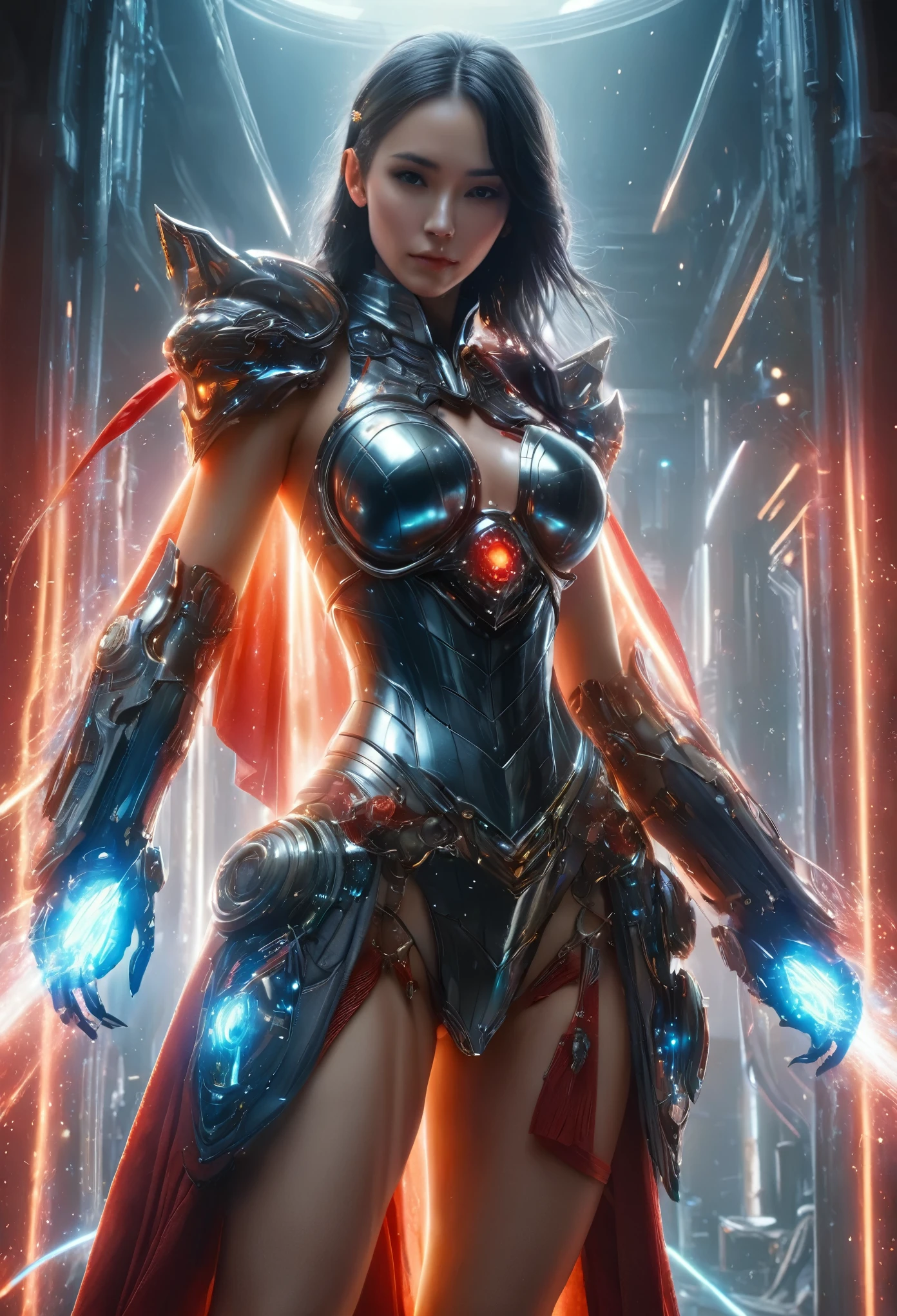 (Best Quality, 4K, 8K, High Resolution, Masterpiece: 1.2), (Super Detailed, Realistic, Photorealistic:1.37), A woman in futuristic clothing, (erotic and sexy:1.4), Trending on cgstation, Trending on cgstation, (Portrait of a girl in the Knights of the Zodiac:1.4), (blunt bangs:1.7), Cute Cyborg Girl, Perfect android girl, Portrait Astronaut Girl, Beautiful girl cyborg, Girl wearing black pale blue iridescent red mechanical cyber armor, Game CG, cgsociety and fenghua zhong, Beautiful Cyborg Shrine Maiden, Bioluminescence, (Gal Gadot:0.6), Anatomically correct grip, Anatomically correct four fingers and one thumb, (long claws:1.4), erotic and sexy, A gorgeous cape with beautifully detailed embroidery, energy ball, white back, concept art 