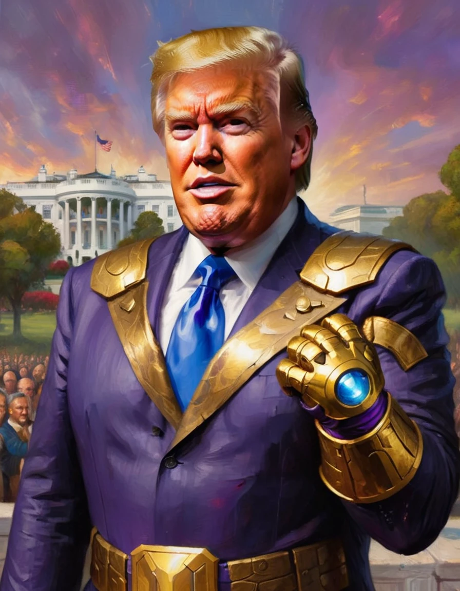 Donald Trump (bandage on right ear) in a triumphant pose, He is portraying villain Thanos, wearing the Infinity gauntlet, white house in background. text 'I AM INEVITABLE' written in big letters along the right side of the screen