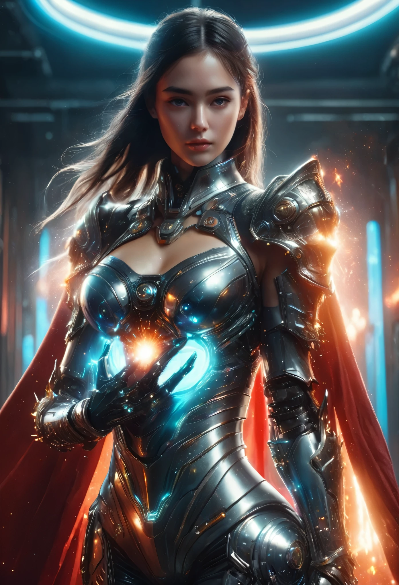 (Best Quality, 4K, 8K, High Resolution, Masterpiece: 1.2), (Super Detailed, Realistic, Photorealistic:1.37), A woman in futuristic clothing, (erotic and sexy:1.4), Trending on cgstation, Trending on cgstation, (Portrait of a girl in the Knights of the Zodiac:1.4), (blunt bangs:1.7), Cute Cyborg Girl, Perfect android girl, Portrait Astronaut Girl, Beautiful girl cyborg, Girl wearing black pale blue iridescent red mechanical cyber armor, Game CG, cgsociety and fenghua zhong, Beautiful Cyborg Shrine Maiden, Bioluminescence, (Gal Gadot:0.6), Anatomically correct grip, Anatomically correct four fingers and one thumb, (long claws:1.4), erotic and sexy, A gorgeous cape with beautifully detailed embroidery, energy ball, white back, concept art