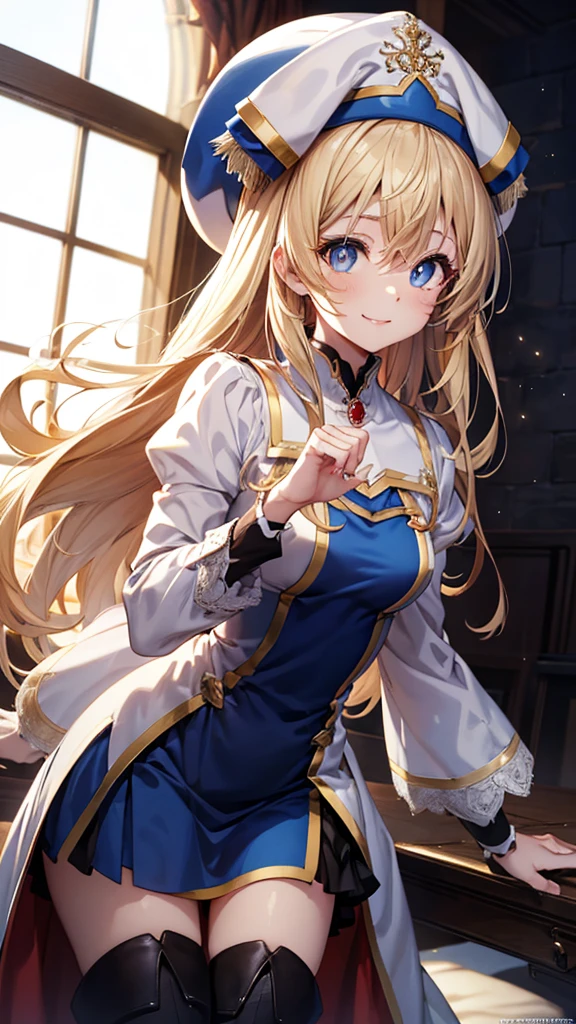 aapri, long hair, white headwear, small breasts, white dress, puffy sleeves, long sleeves, pelvic curtain, thighhighs, thigh boots,blonde hair,slender,smile,pray,masterpiece,Noise Reduction,perfect anatomy,high resolution, ultra-detailed, ultra-detailed face,game cg,dutch angle ,beautiful detailed eyes,visualart,five fingers, perfect hands, perfect lighting, sparkling pupils,