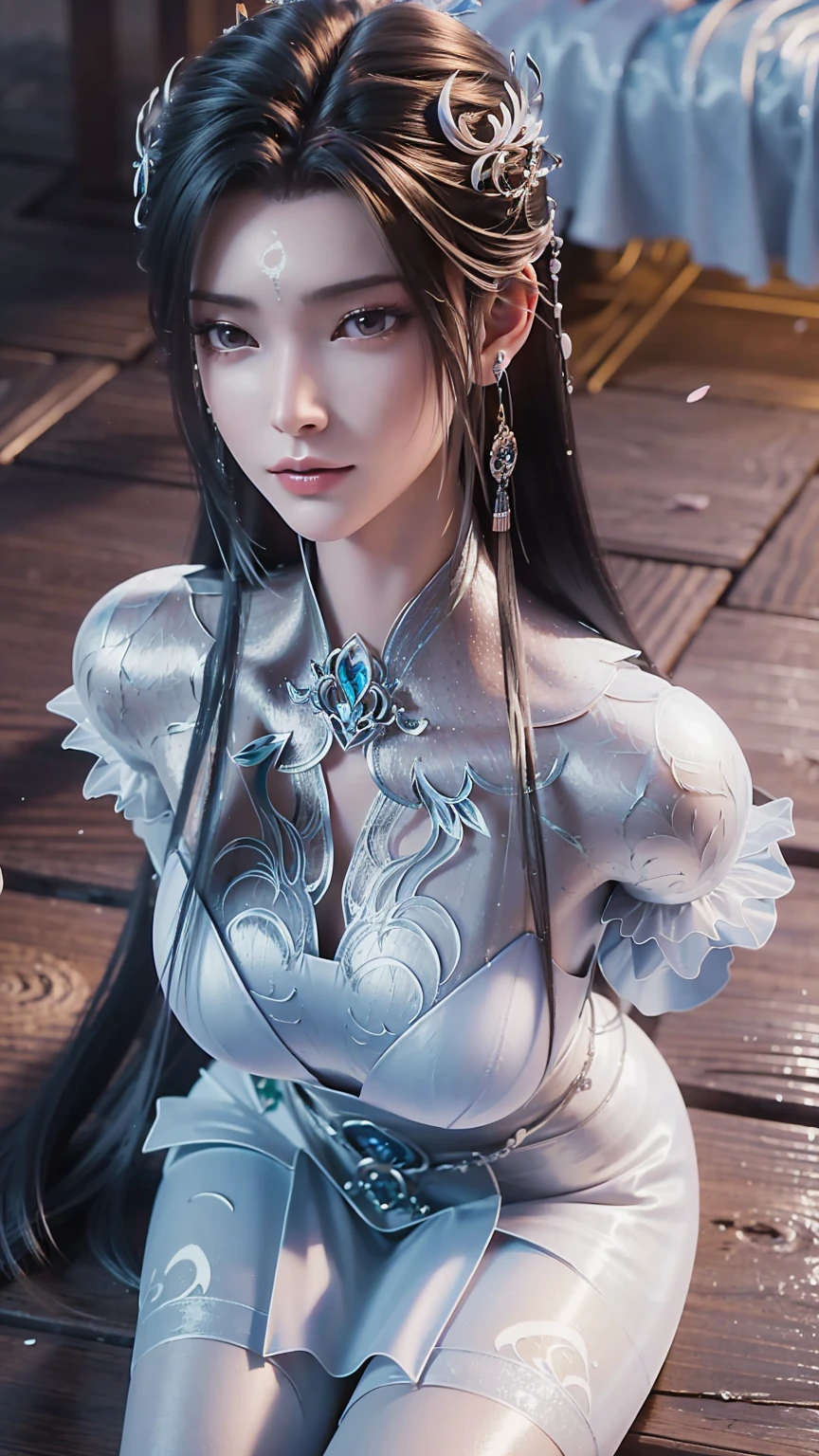 Close-up of a woman in a dress lying on a wooden floor, Japanese Goddess, Beautiful Chinese model, beautiful goddess, beautiful Asian girl, Sexy Girl, Fair, smooth and translucent skin, Chinese Girl, Asian girl, Attractive anime girl, Sexy pose, Beautiful fantasy queen, Beautiful and detailed body and face, Smooth white tights set, Light milky white porcelain skin