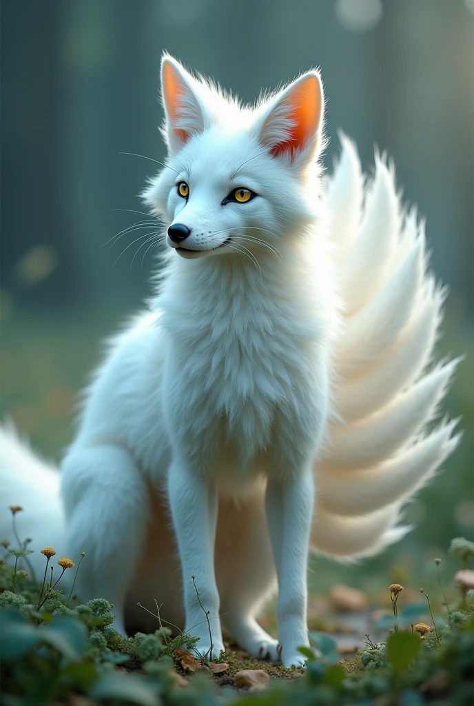 a white fox with nine tails and white hair, right eye white, left eye yellow.