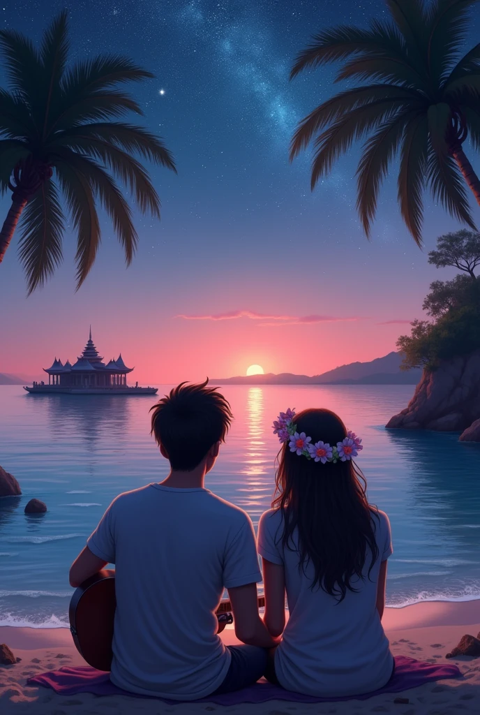 Sitting close together on a tropical beach at night, gazing at the stars、Man and woman couple。The man is playing the guitar。Men have slightly longer hair。The woman is wearing a flower crown。Temple across the sea。The sky is a pale pastel pink。