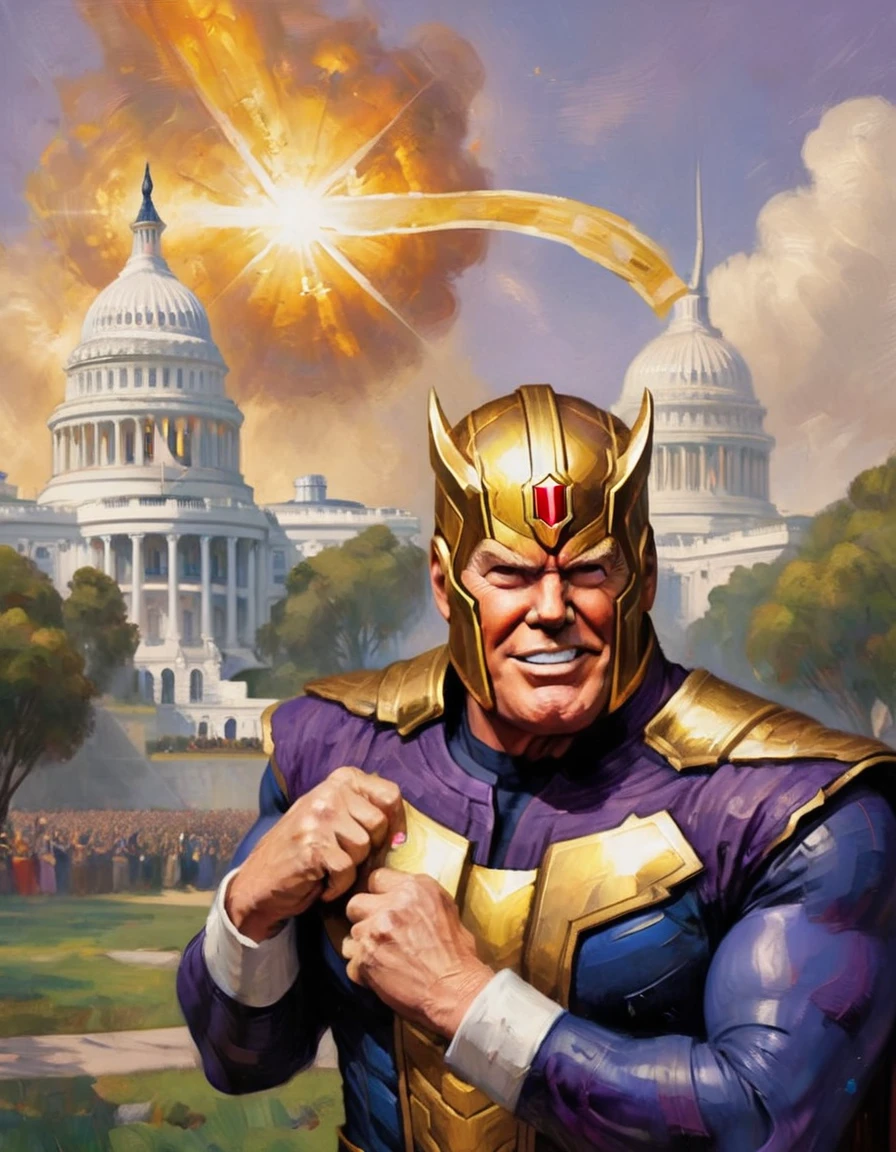 Donald Trump (bandage on right ear) in a triumphant pose, He is portraying villain Thanos, wearing the Infinity gauntlet, white house in background. text 'I AM INEVITABLE' written in big letters along the right side of the screen