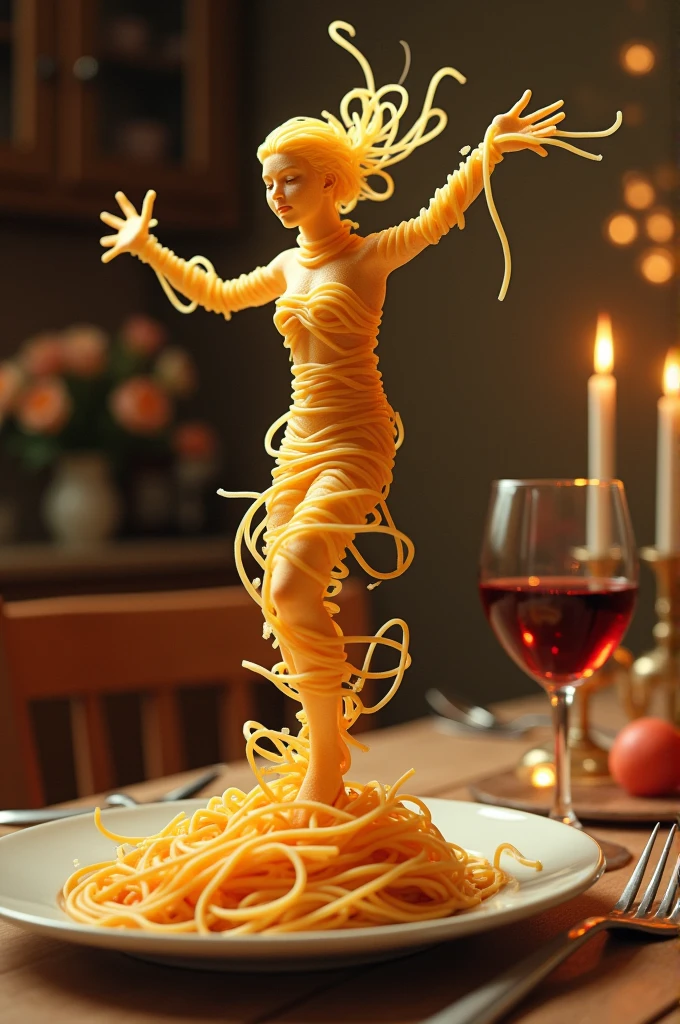 Create a whimsical and artistic scene featuring a single human-like figure made entirely of spaghetti. This figure should appear to be dancing gracefully on a plate. The background should depict a cozy kitchen setting with warm, ambient lighting, creating a romantic and intimate atmosphere. Include elements such as a glass of red wine and a beautifully set table to enhance the mood