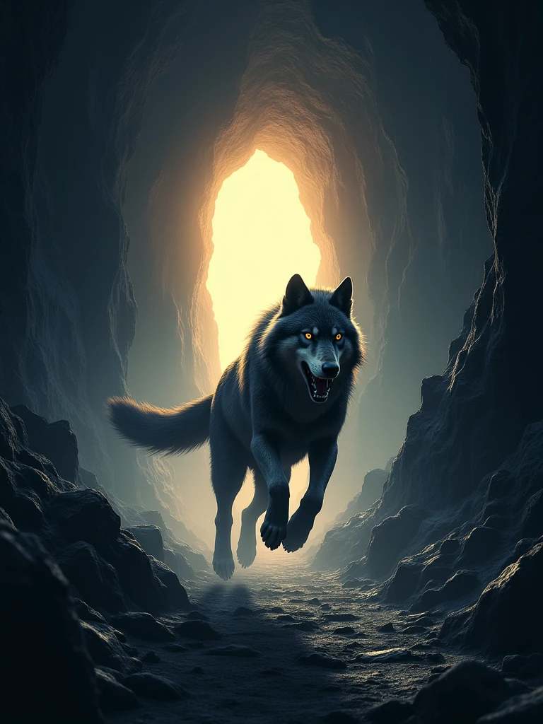 A dark cave with a glowing tunnel at the far end, illuminated by a soft, warm light. In the foreground, a wolf is depicted mid-sprint, with dynamic motion lines showing its speed. The cave walls are rugged, with jagged rocks and stalactites, but the focus is on the wolf rushing towards the light. The text 'Modo Caverna' is displayed in a bold, sturdy font, while 'Express' is written in a sleek, italicized style, both slightly glowing as if reflecting the tunnel's light. The overall atmosphere combines the mystery of the cave with the energy and urgency of the wolf's motion.