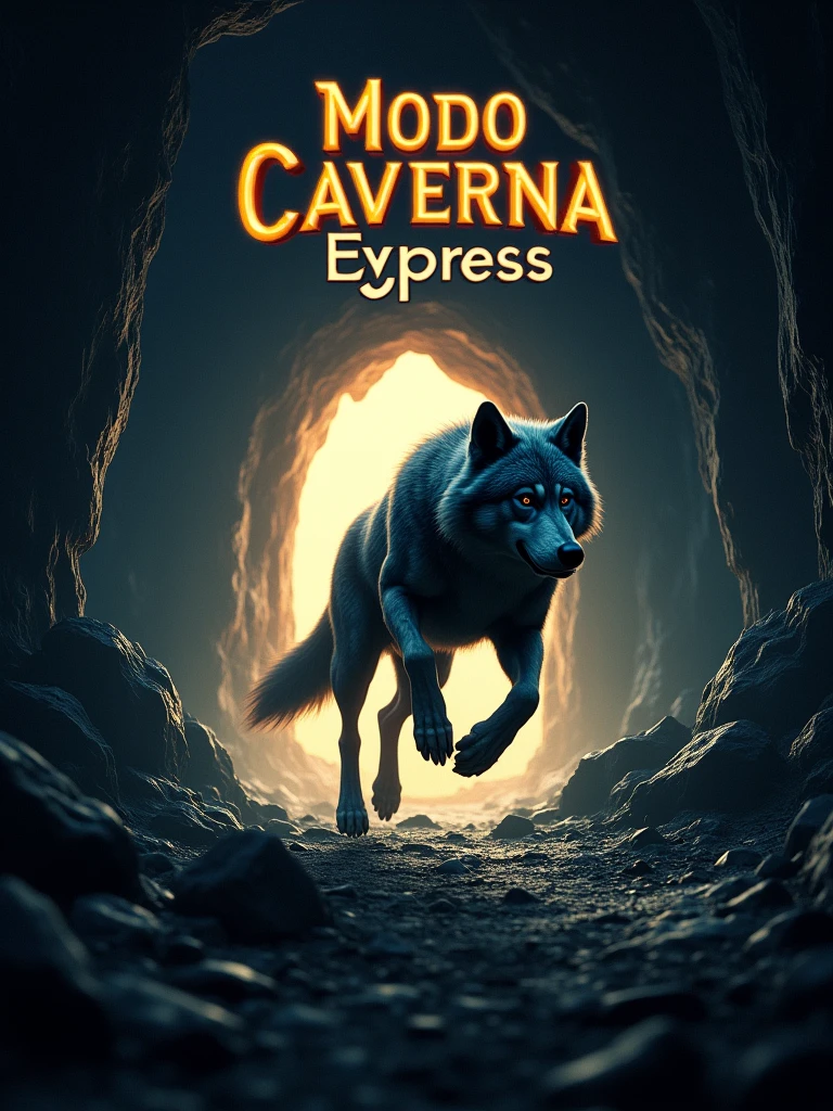 A dark cave with a glowing tunnel at the far end, illuminated by a soft, warm light. In the foreground, a wolf is depicted mid-sprint, with dynamic motion lines showing its speed. The cave walls are rugged, with jagged rocks and stalactites, but the focus is on the wolf rushing towards the light. The text 'Modo Caverna' is displayed in a bold, sturdy font, while 'Express' is written in a sleek, italicized style, both slightly glowing as if reflecting the tunnel's light. The overall atmosphere combines the mystery of the cave with the energy and urgency of the wolf's motion.