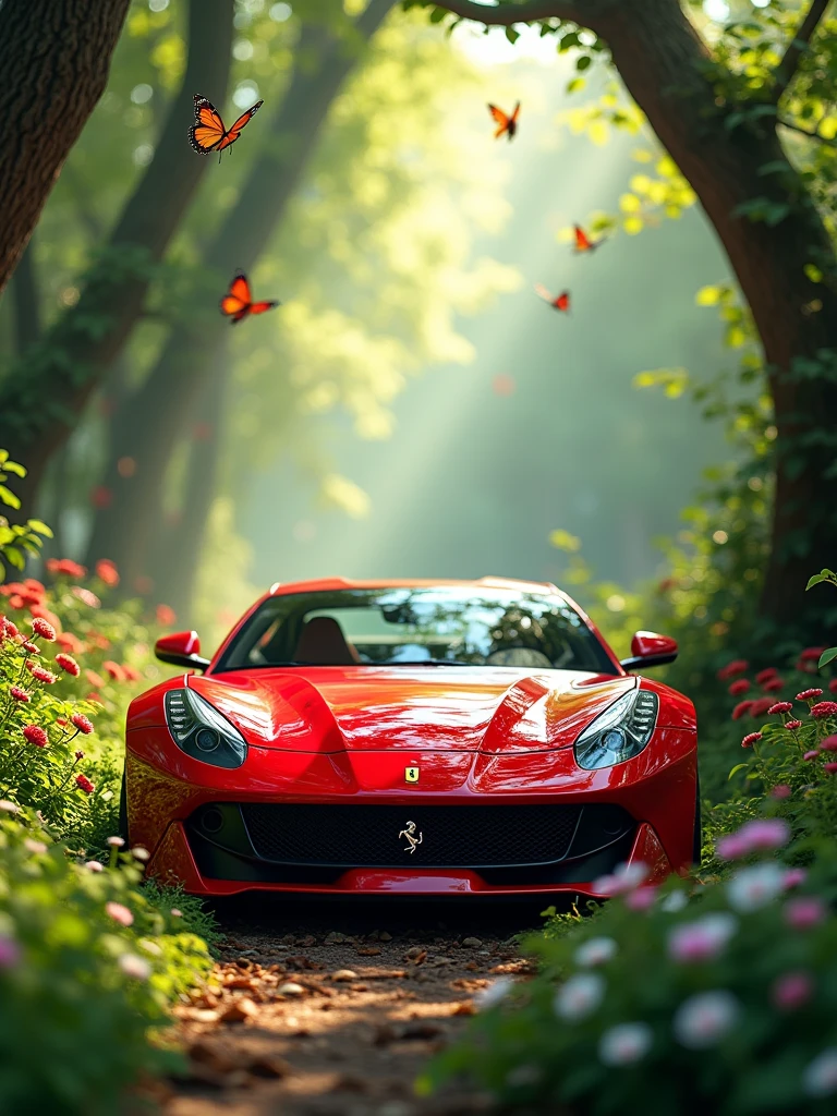 Imagine a red Ferrari in an enchanted forest, with lots of flowers, leaves and butterflies. Front angle. Ultra realistic 8K image. Extremely detailed. -- 4:5 AR.
