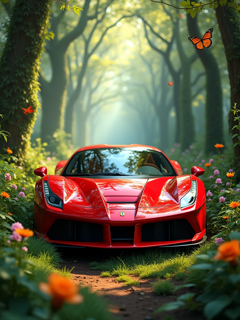 Imagine a red Ferrari in an enchanted forest, with lots of flowers, leaves and butterflies. Front angle. Ultra realistic 8K image. Extremely detailed. -- 4:5 AR.