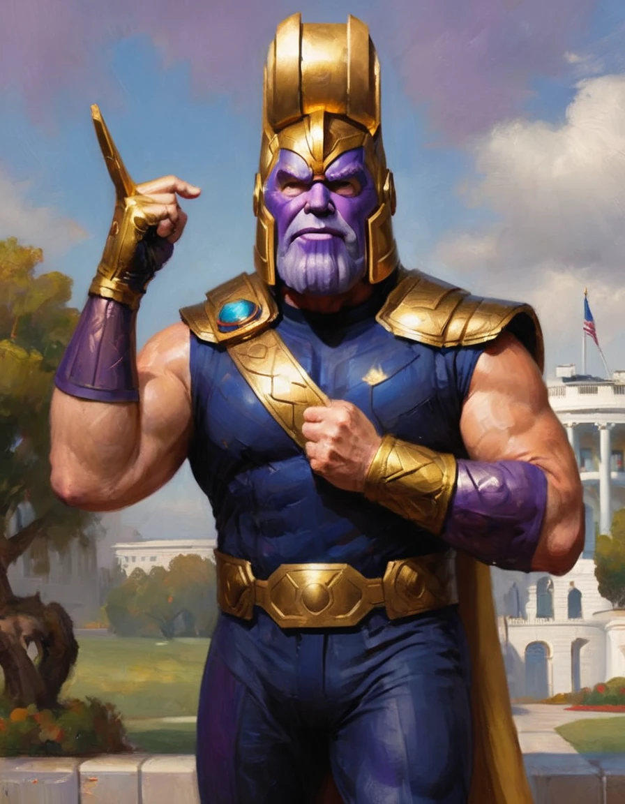 Donald Trump (bandage on right ear) in a triumphant pose, He is portraying villain Thanos, wearing the Infinity gauntlet, white house in background. text 'I AM INEVITABLE' written in big letters along the right side of the screen
