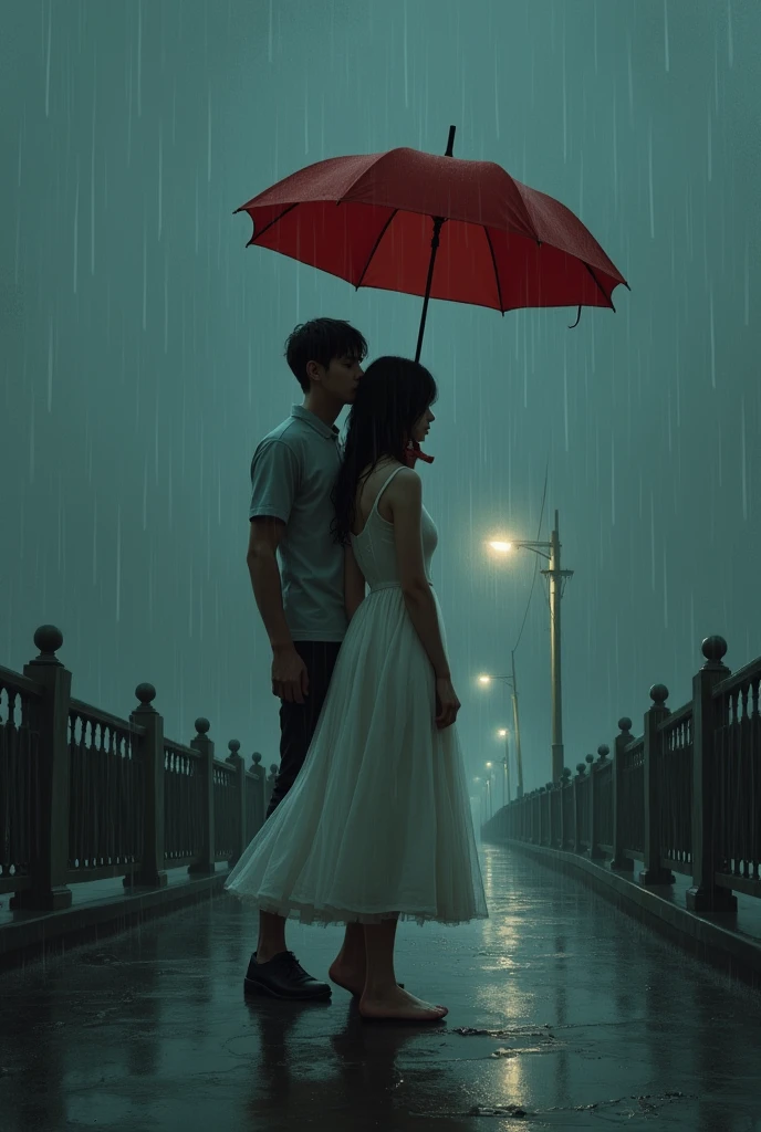 Beutiful sad girl is Standing on the Bridge ledge. On her back side ther is a boy. Add red and white colour. Raining. Boy has a umbrella in his hand. Girl is wearing white dress which is wet because of rain. Both boy and girl are around 19 year old. Night time. For novel cover. 