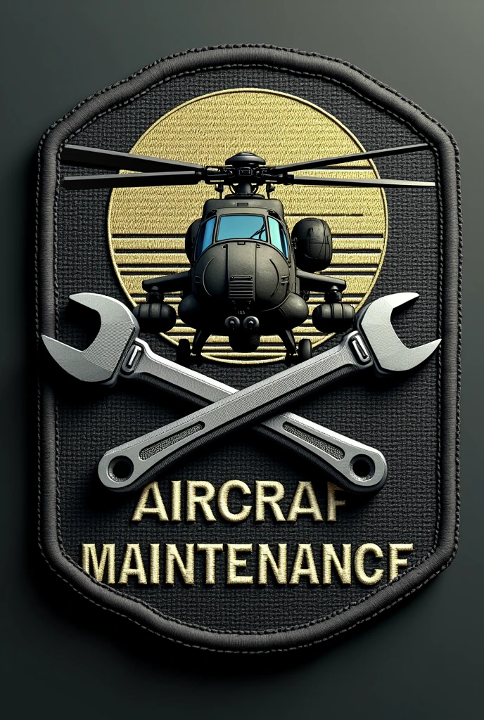 War helicopter patch with crossed tools with the phrase aircraft maintenance