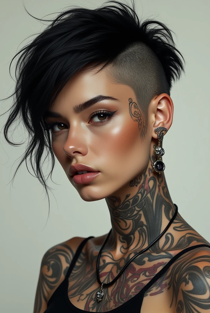 Short haired woman with tattoos on her face and neck with a slightly longer haircut
