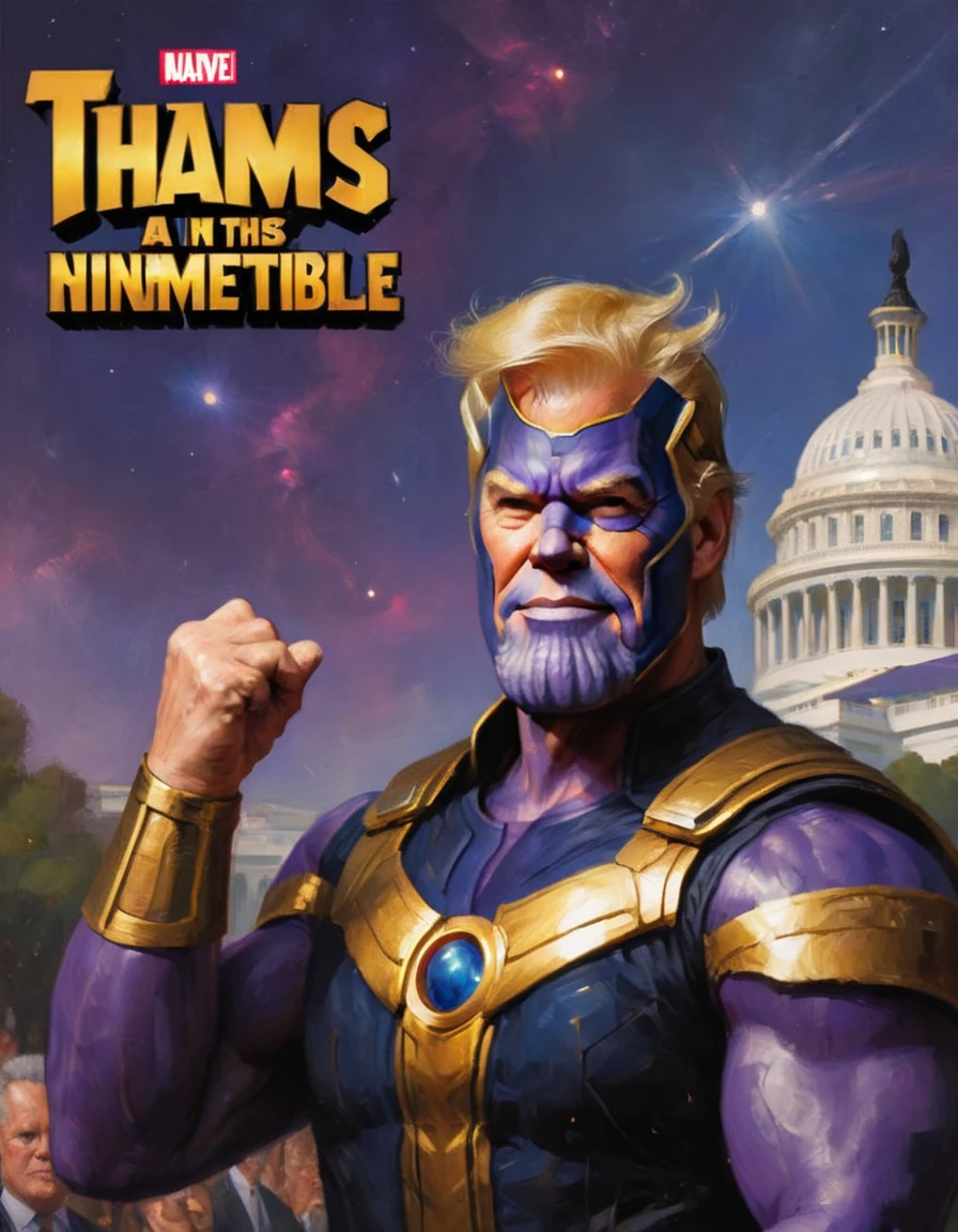 Donald Trump (bandage on right ear) in a triumphant pose, He is portraying villain Thanos, wearing the Infinity gauntlet, white house in background. text 'I AM INEVITABLE' written in big letters along the right side of the screen