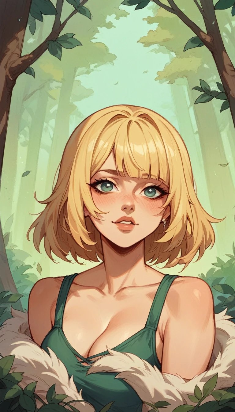 Blonde wolf cut beast girl。Background in the forest、There is a beautiful light。He looks at me with a cool look。An illustration。Cartoon Design。Artistic close-up camera。
