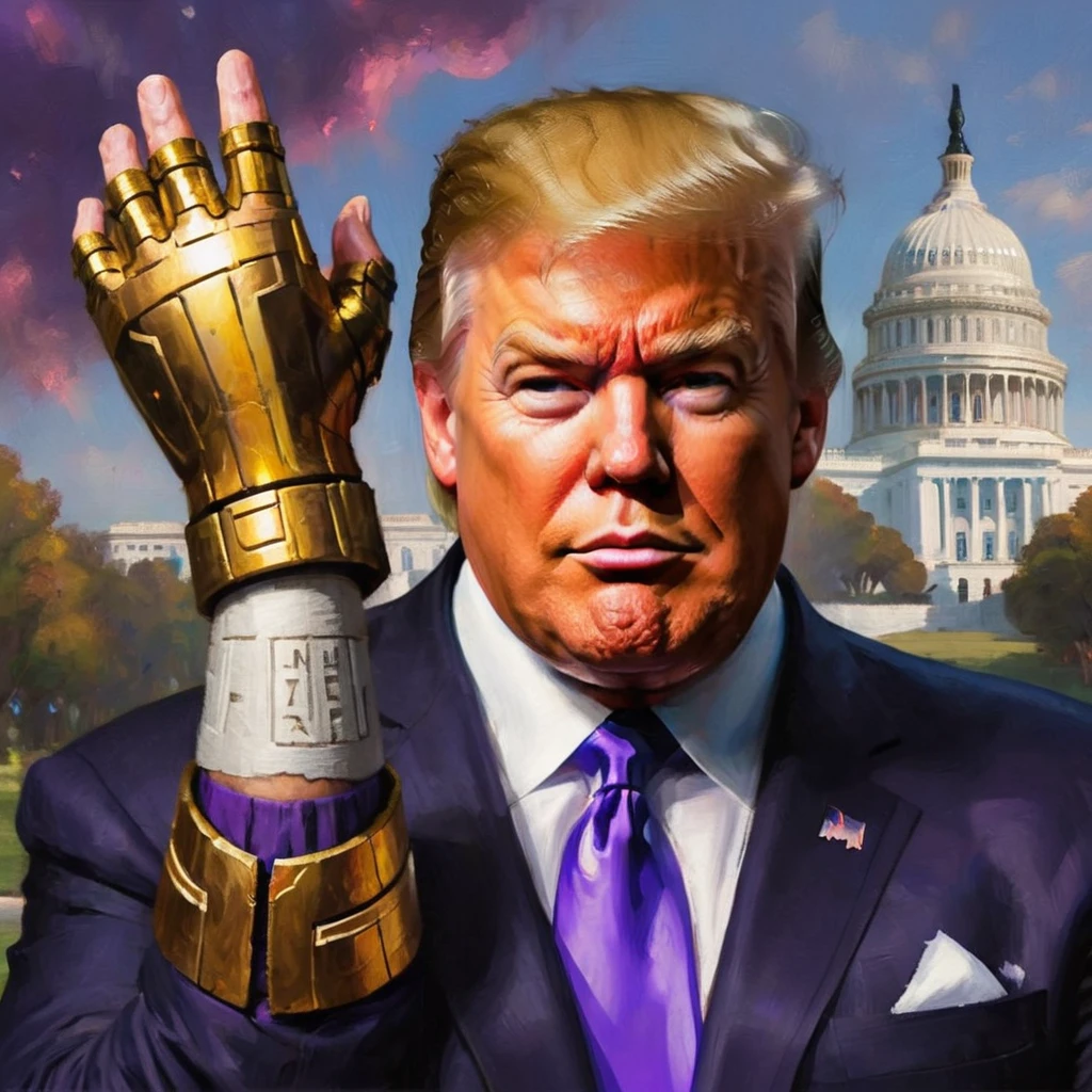 Donald ????? (bandage on right ear) in a triumphant pose, He is portraying villain Thanos, wearing the Infinity gauntlet, white house in background. text 'I AM INEVITABLE' written in big letters along the right side of the screen
