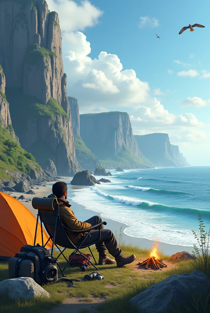 Picture of a camper on the cliffs in front of the wide sea

