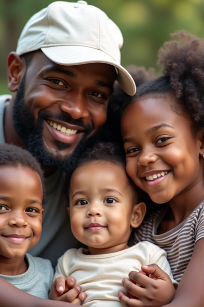 Black father in white cap, sem beard, with 3 children. 1 boy 7 , light tan, clear eyes, 1 light brown daughter 6 years oldlos cacheados e 1 bebê  branca de clear eyes