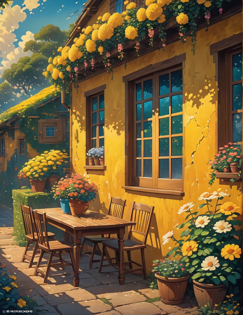 wide view, a worn off yellow big wall, white wooden dining setup in front, outdoors, sunlight falling through, shade, shed, yellow flowers pot on table, bushes, cracks, scribbing on the wall, vibrant color tones, ghibli style, no humans, scenery, masterpiece, high resolution, Kilian Eng y Thomas Kinkade, Rob Gonsalves y Tim White., silvain sarriel, Rhads y Thomas Kinkade, inspired by RHADS, cyril rolando and m.w kalut, cyril rolando and m. w kalut, rhads!!!