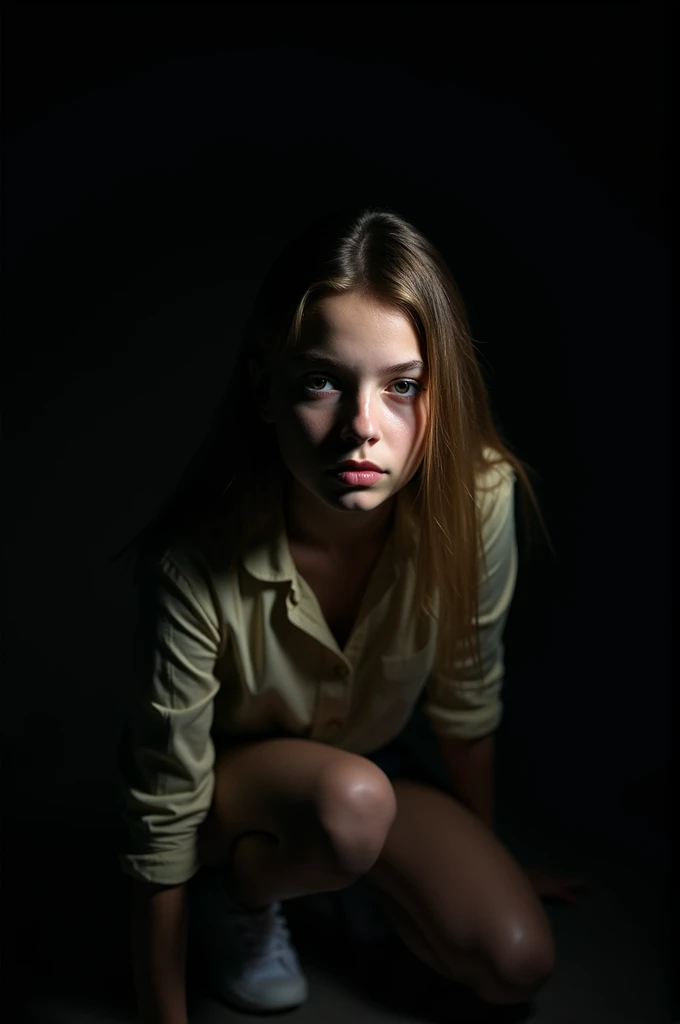 Pale Girl crouching with intense spot light on her